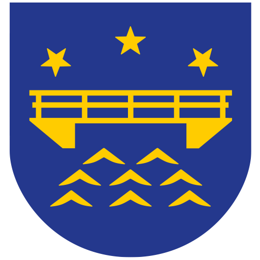Das Wappen der Gemeinde Hörup mit drei Sternen über einer Brücke und 8 Wellenkämmen unterhalb.